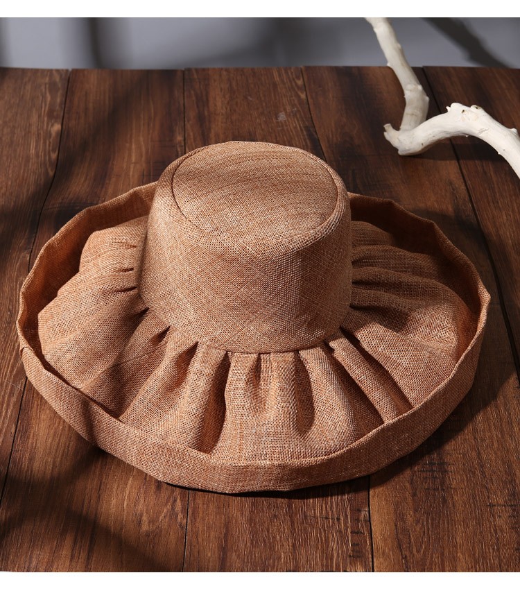 手工美式复古赫本风超大檐防晒折叠帽子深茶色12cm大帽檐常规码5658cm