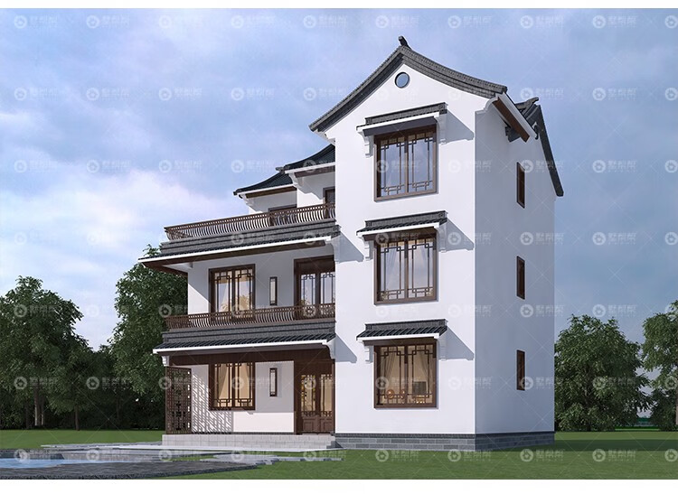 墅帮帮别墅设计图纸三层中式仿古农村自建房房屋建造施工图纸外观效果