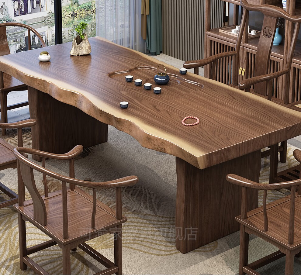 办公室接待泡茶大板桌禅意实木茶几干泡茶桌1富贵椅4围椅20m自然边