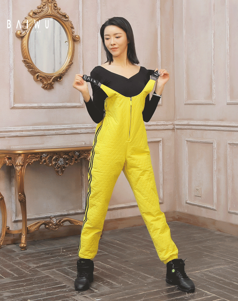 柏屋高腰背带棉裤纯色保暖舞蹈裤成人女练功裤滑雪裤120116003 侧边条