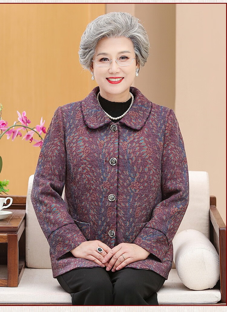 安贞雪老年人女装奶奶装春秋装翻领碎花印花外套中老年妈妈装女士时尚