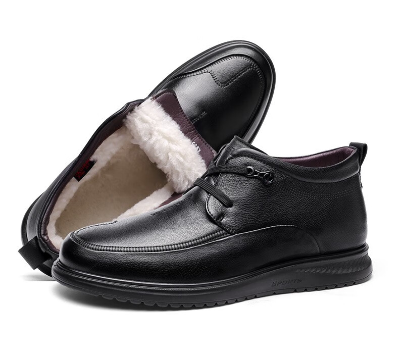 强人3515冬季皮鞋男头层牛皮保暖羊毛鞋加绒加厚棉皮鞋爸爸鞋黑色40