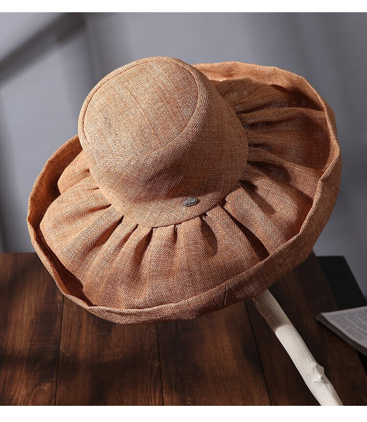 手工美式复古赫本风超大檐防晒折叠帽子深茶色12cm大帽檐常规码5658cm