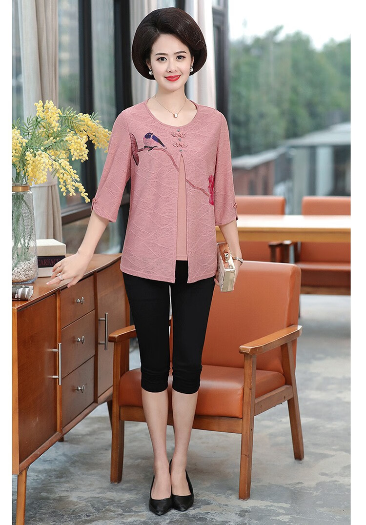 套装短袖t恤女大码中年人上衣宽松遮肚子显瘦老妈衣服婆婆大妈装粉色