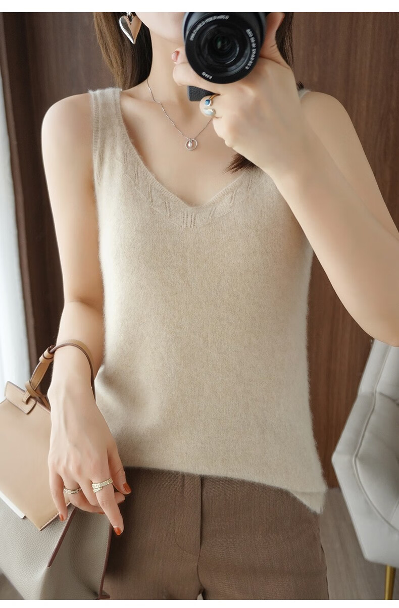 孜茜 春夏新款女v领羊毛吊带背心100%纯羊毛宽松气质无袖镂空针织衫 