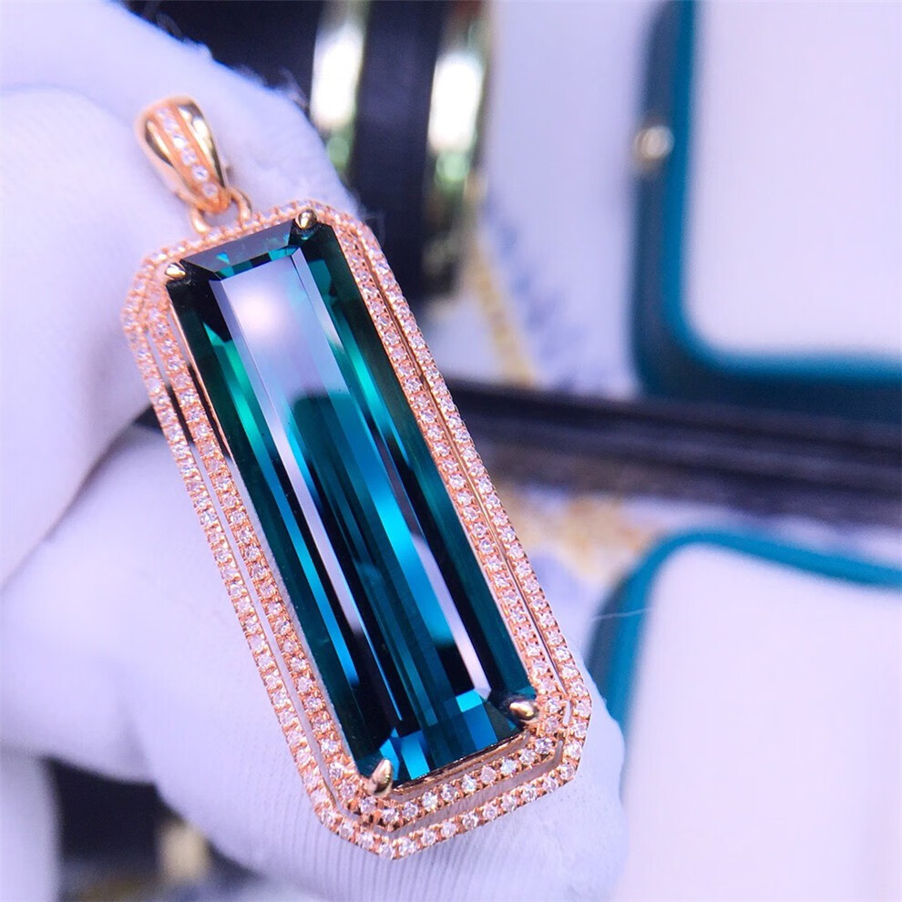 宥熙珠宝天然蓝碧玺吊坠彩色宝石18k金镶嵌裸石123克拉晶体通透附证书