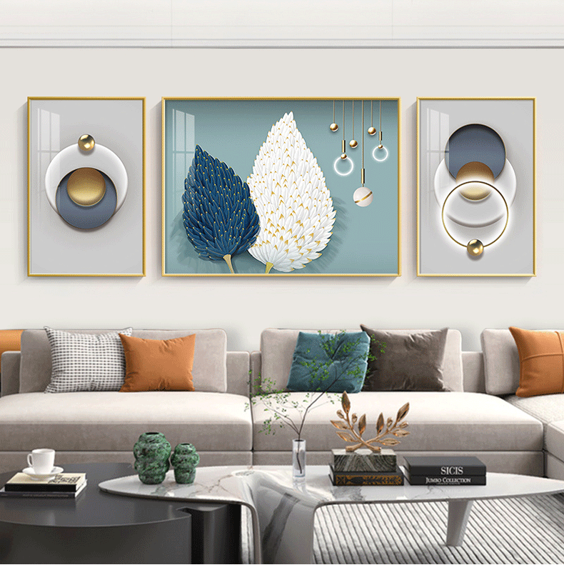 山水颜 简约现代抽象几何三联壁画轻奢大气客厅装饰画沙发背景墙羽毛
