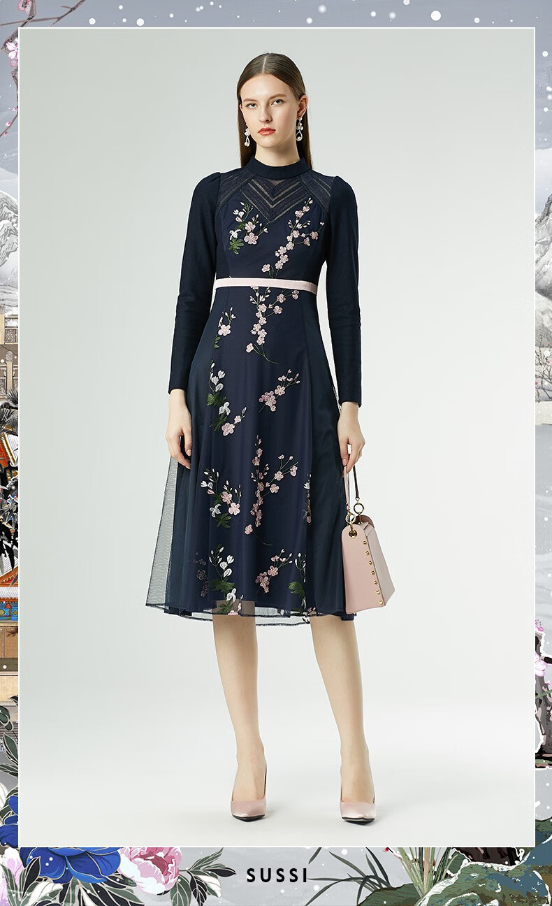 sussi古色21冬季新品深蓝色立领刺绣连衣裙18a4061780 蓝色 m【图片