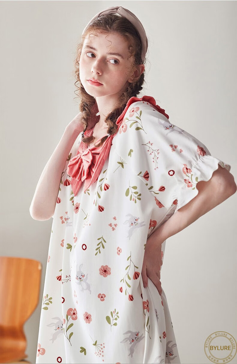 bylure品牌睡裙女夏天薄款印花田园风短袖全棉可爱少女风家居服优雅白