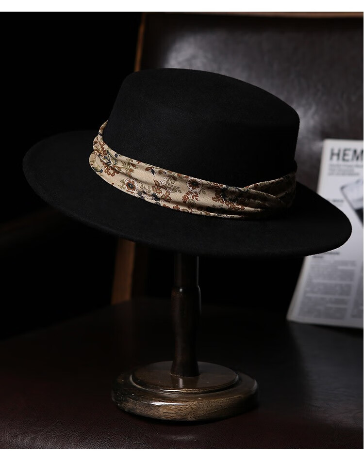 fdigors礼帽秋冬季新款复古绅士帽印花手工织带平顶平沿男士帽子冬季