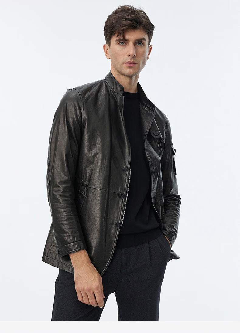 兽王皮衣男真皮 山羊皮男士短款单皮皮衣翻领中年薄款皮夹克风格男装