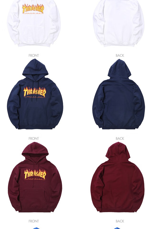 thrasher官方flamehood经典火焰连帽卫衣秋装帽衫男女外套白色xl