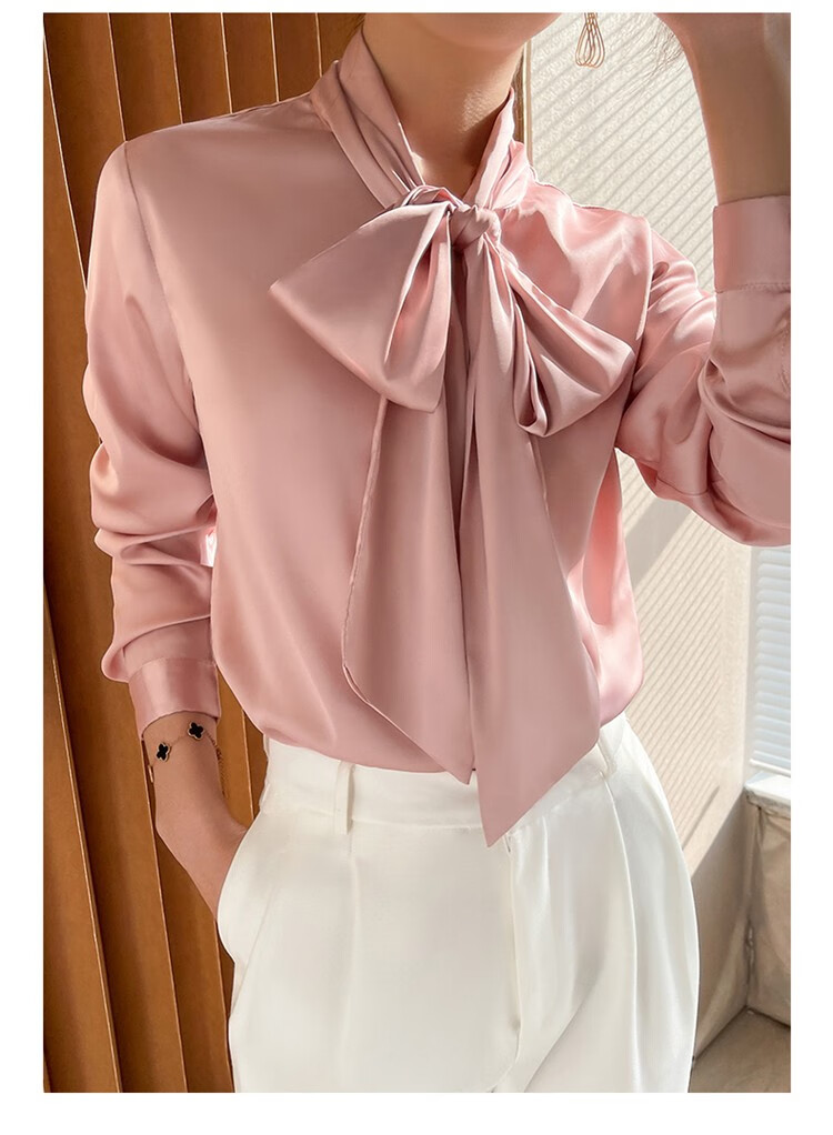 帕什 仿真丝衬衫女长袖2022春夏新款纯色飘带领上衣修身显瘦职业衬衣 