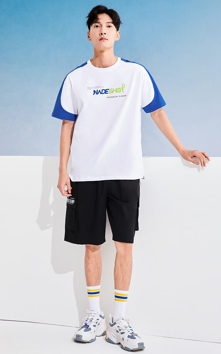 拓路者撞色拼接运动短袖t恤男夏装阔版半袖印花体恤衫纯棉圆领休闲
