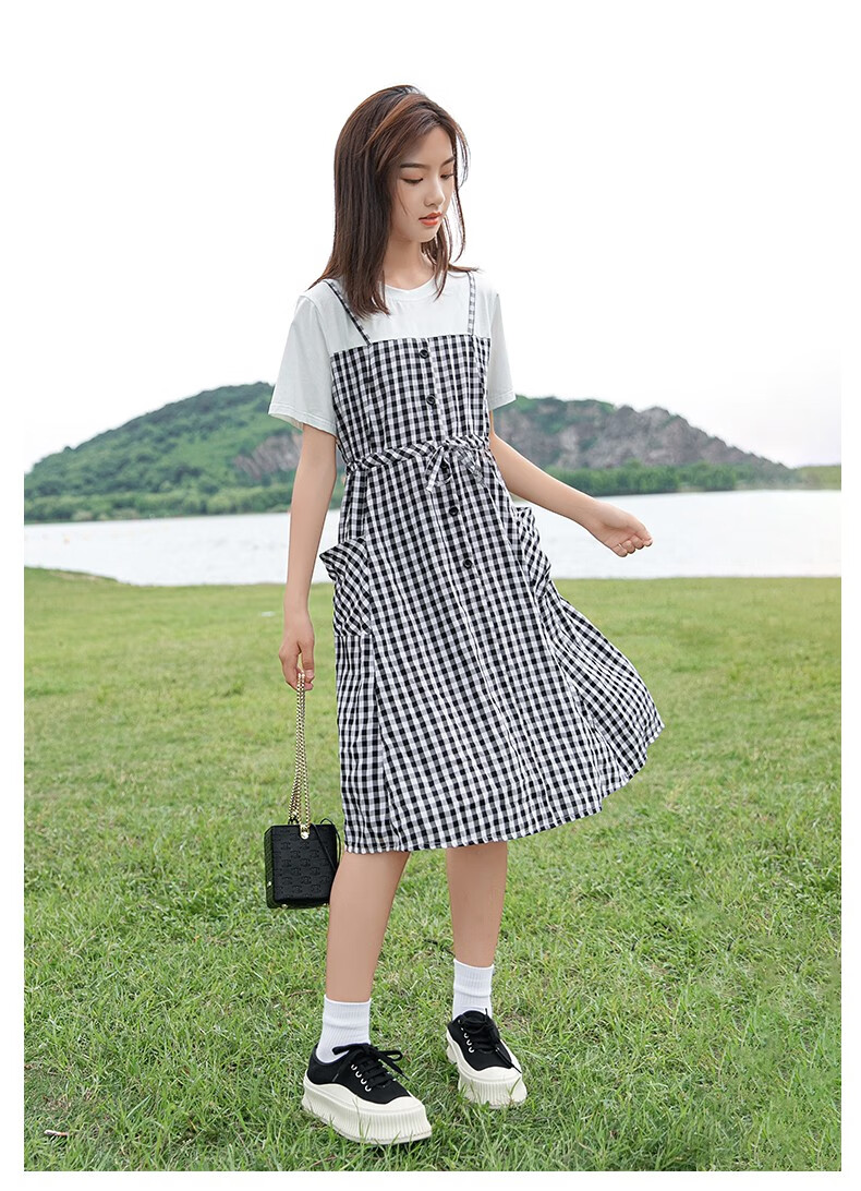 女童连衣裙夏季2022新款洋气夏装12中大童15岁女孩夏款格子裙子黑色