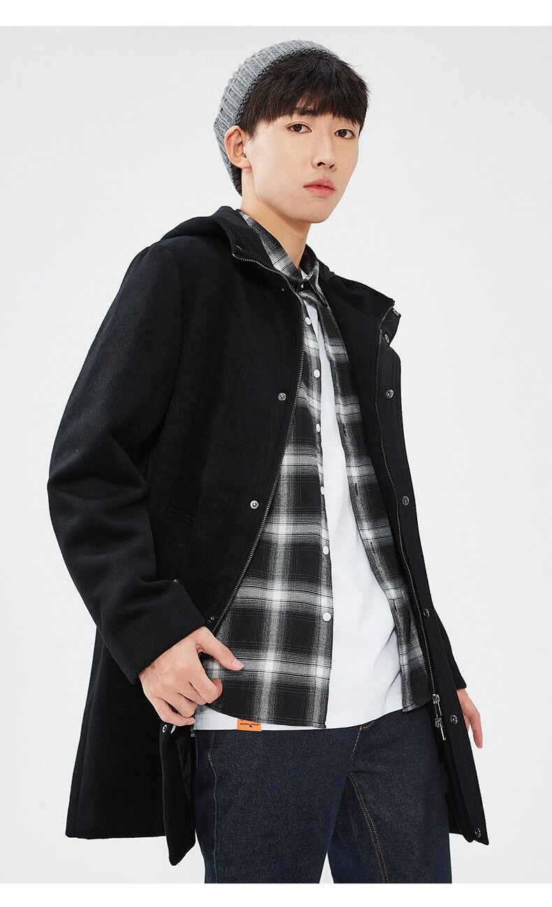 a21秋冬季2021新款男装呢料连帽长袖中长开衫夹层外套时尚毛呢大衣