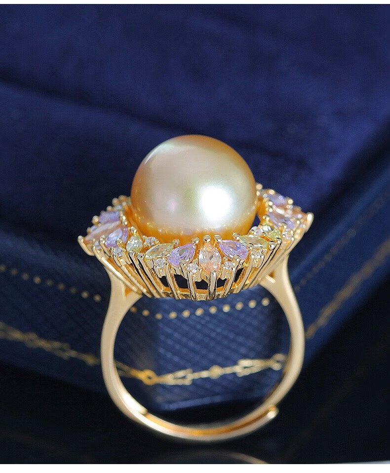 源生珠宝五彩斑斓s925银1112mm南洋金珠戒指强光海水珍珠手饰送女友