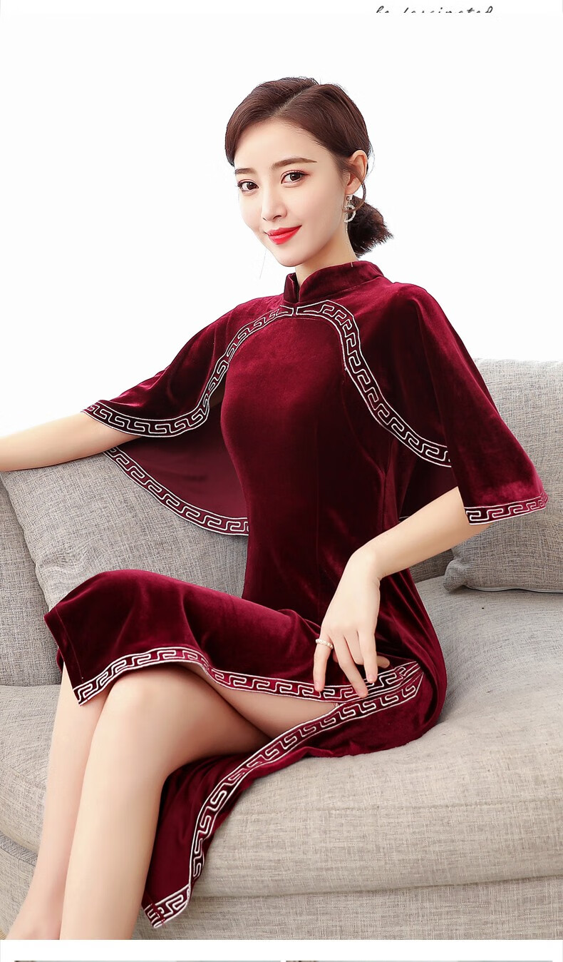 连衣裙旗袍中老年妈妈婚礼旗袍年轻款中国风高端名媛气质金丝绒连衣裙