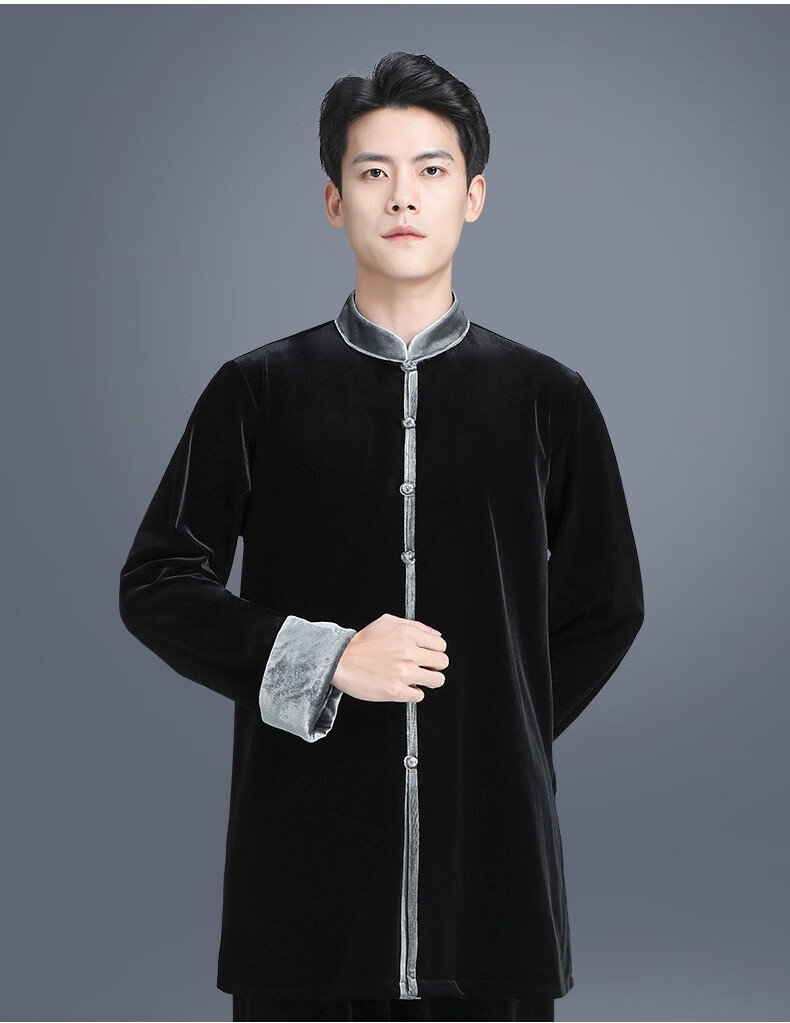 山人运动金丝绒太极服男士秋冬新款武术服练功服太极拳服装表演服黑色