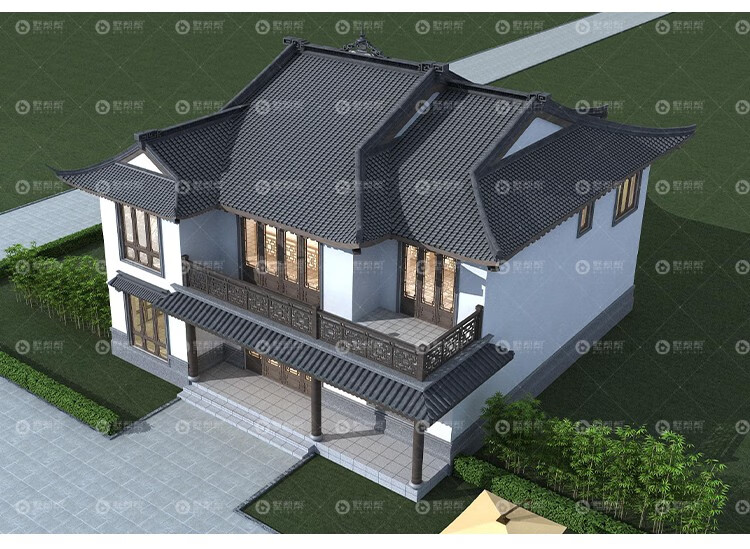 二层中式仿古徽派苏派建筑农村自建房屋建造施工图纸外观效果图20905