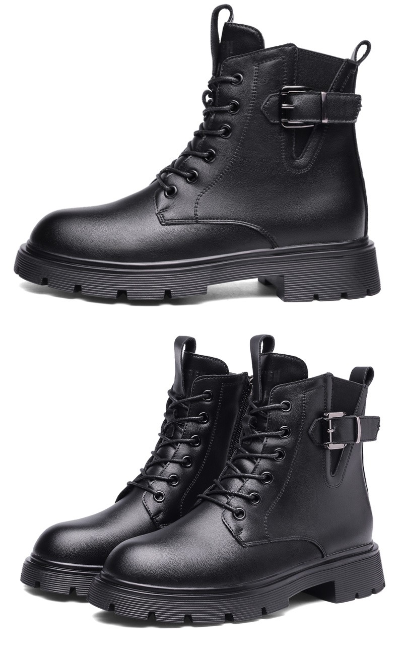 强人3515马丁靴女牛皮英伦风短靴冬新款女靴百搭厚底机车靴黑色38