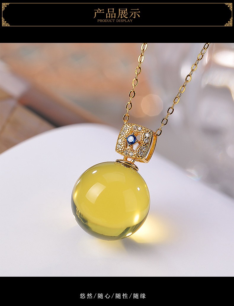 千禧恋人925银天然墨西哥蓝珀吊坠女生圆珠项链轻奢小众c955蓝珀