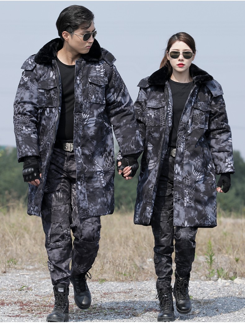 冬季加厚保安大棉袄暗夜迷彩劳保冷军迷长款防寒服加长款cp大衣160s