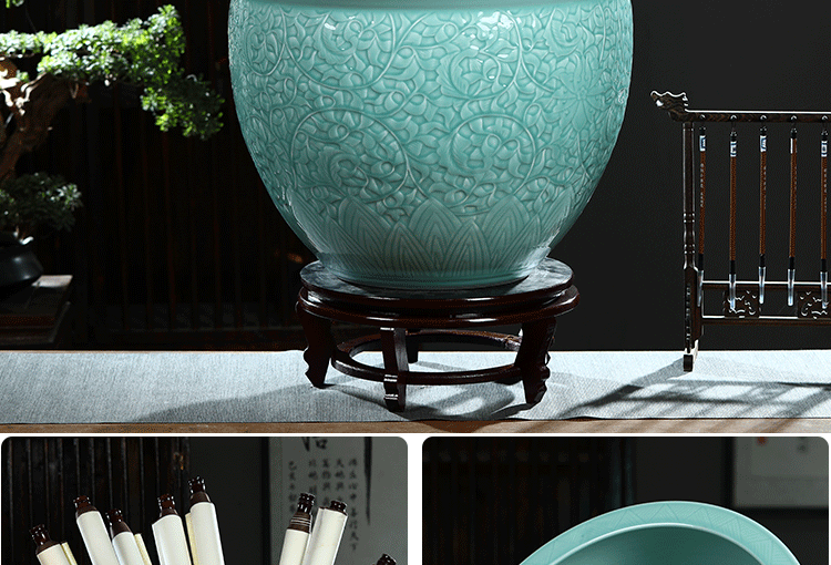 赣景旭景德镇陶瓷书画缸卷轴缸影青雕刻手工大号字画收纳桶书房客厅