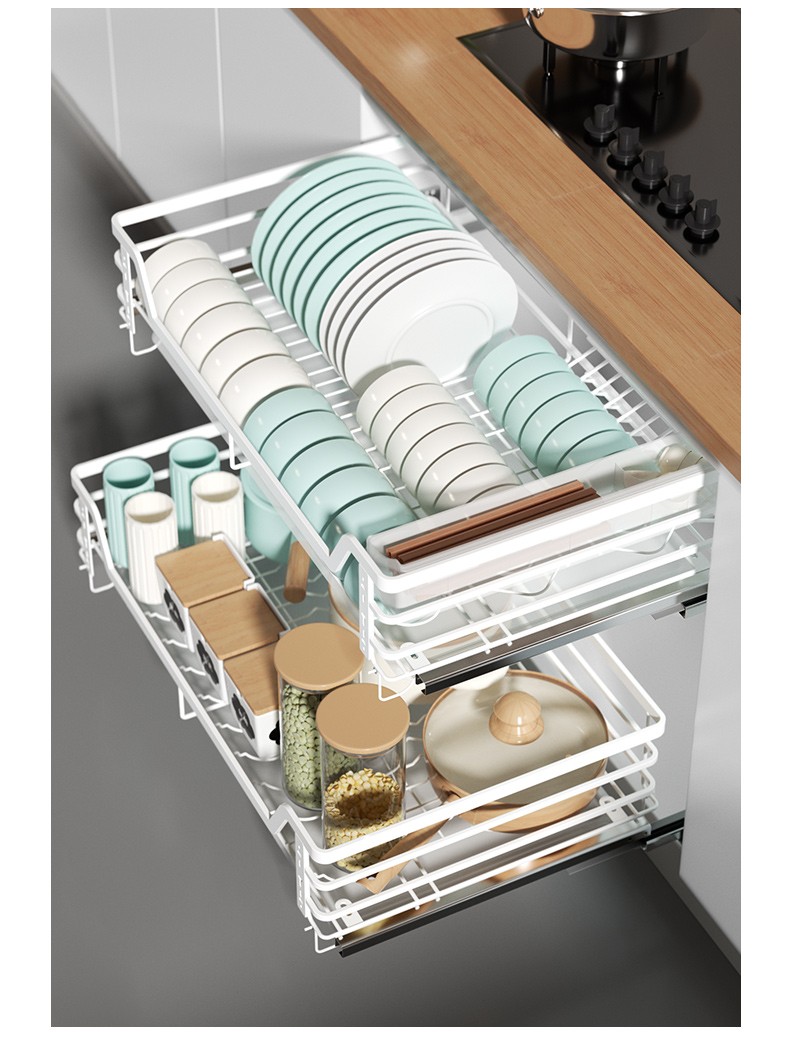 厨房橱柜拉篮不锈钢拉蓝厨房调味篮碗碟双层抽屉式带阻尼拉篮适用700