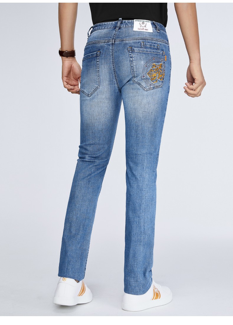 百斯盾牛仔裤男修身直筒休闲裤潮流复古商务裤子男深蓝色322尺5