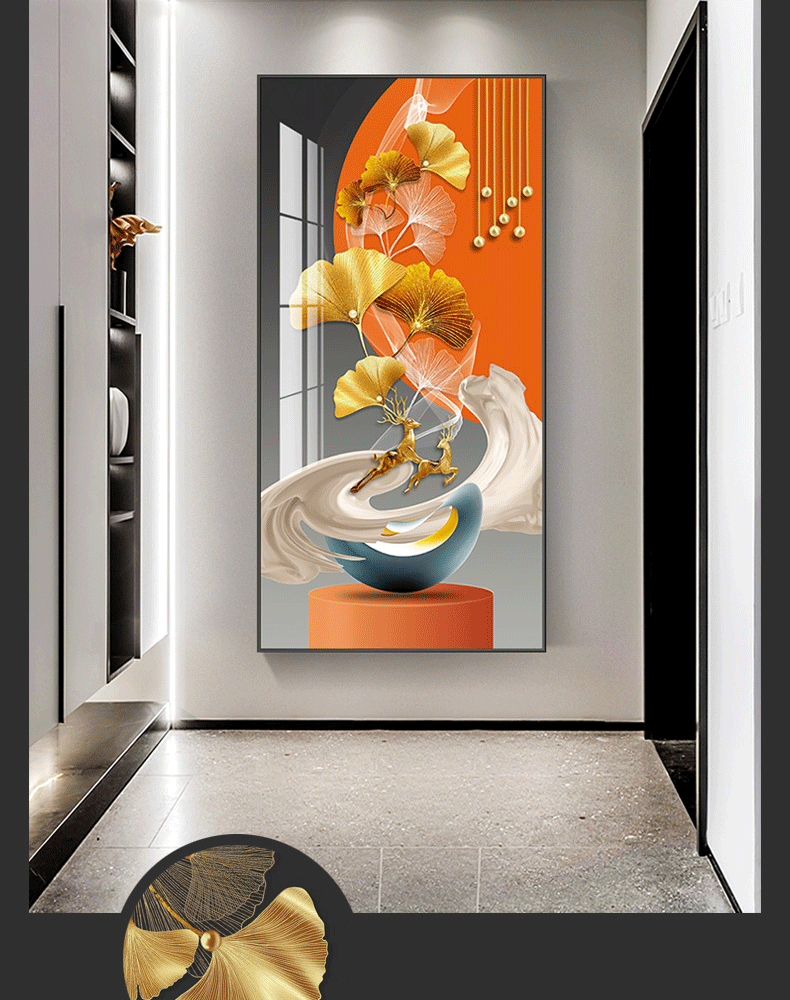 墨派玄关装饰画竖版过道壁画现代简约客厅轻奢镶钻晶瓷画办公室酒店