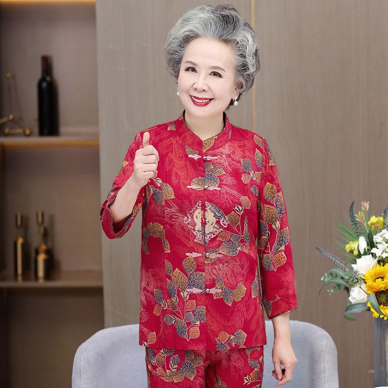 老年人夏装女70岁80老人女装长袖套装奶奶装两件套妈妈纯棉绸唐装红色