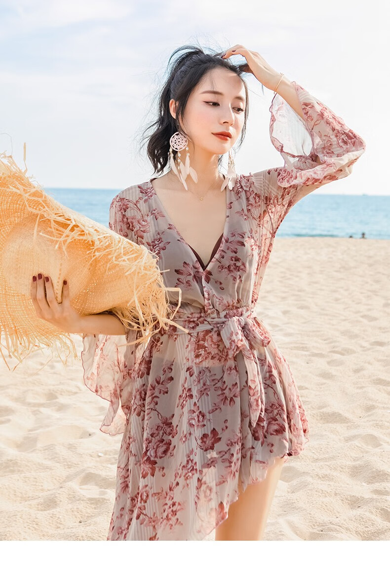 柯帛kebo新款分体泳衣女小性感比基尼三件套长袖罩衫温泉泳装遮肚显瘦