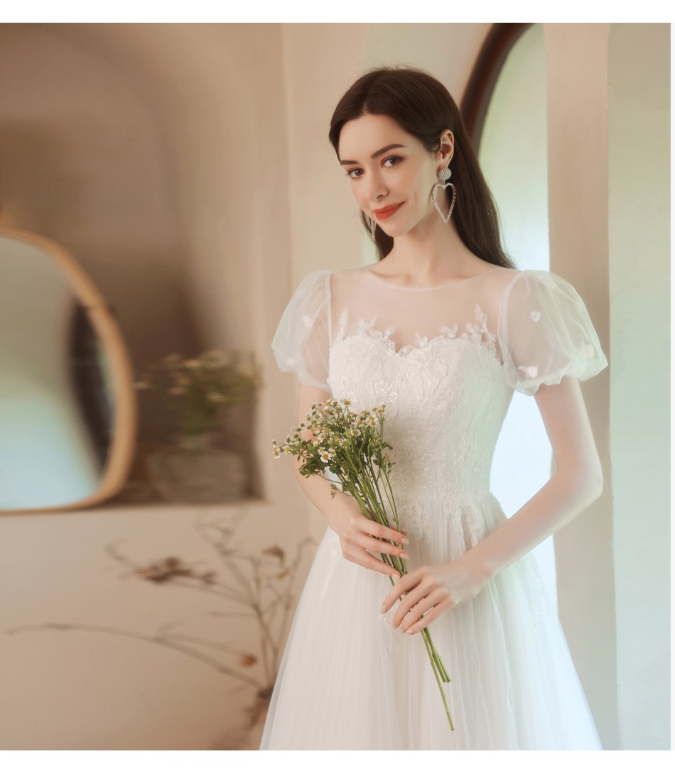 婚纱主纱公主新娘泡泡袖婚纱白色伴娘服演出走秀主持人礼服白色xs