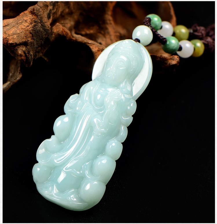 珑翠福缅甸翡翠a货站观音吊坠浅绿正装立体玉观音玉佩玉坠玉项链带证