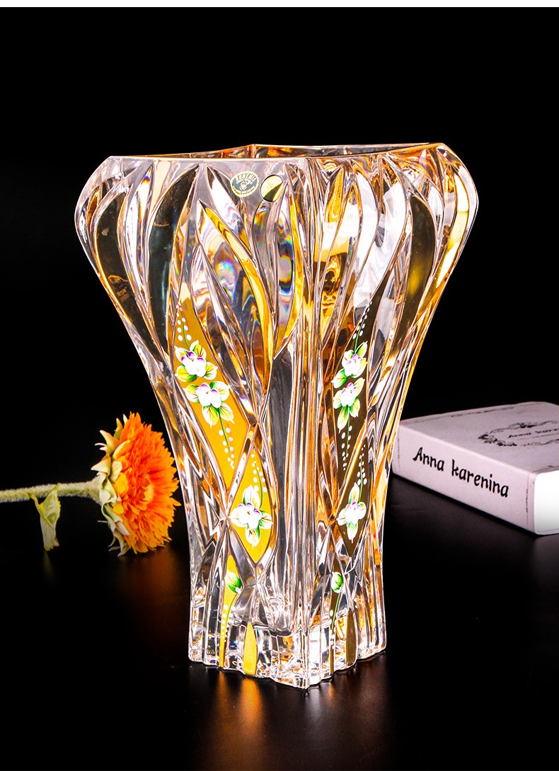 捷克进口bohemia捷克波西米亚水晶玻璃花瓶描金台面居家装饰花瓶金色