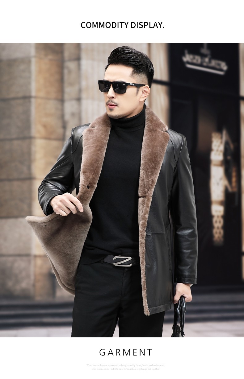 恒源祥真皮皮衣男装皮毛一体中长款牛皮夹克男真皮羊毛大衣男牛皮皮衣