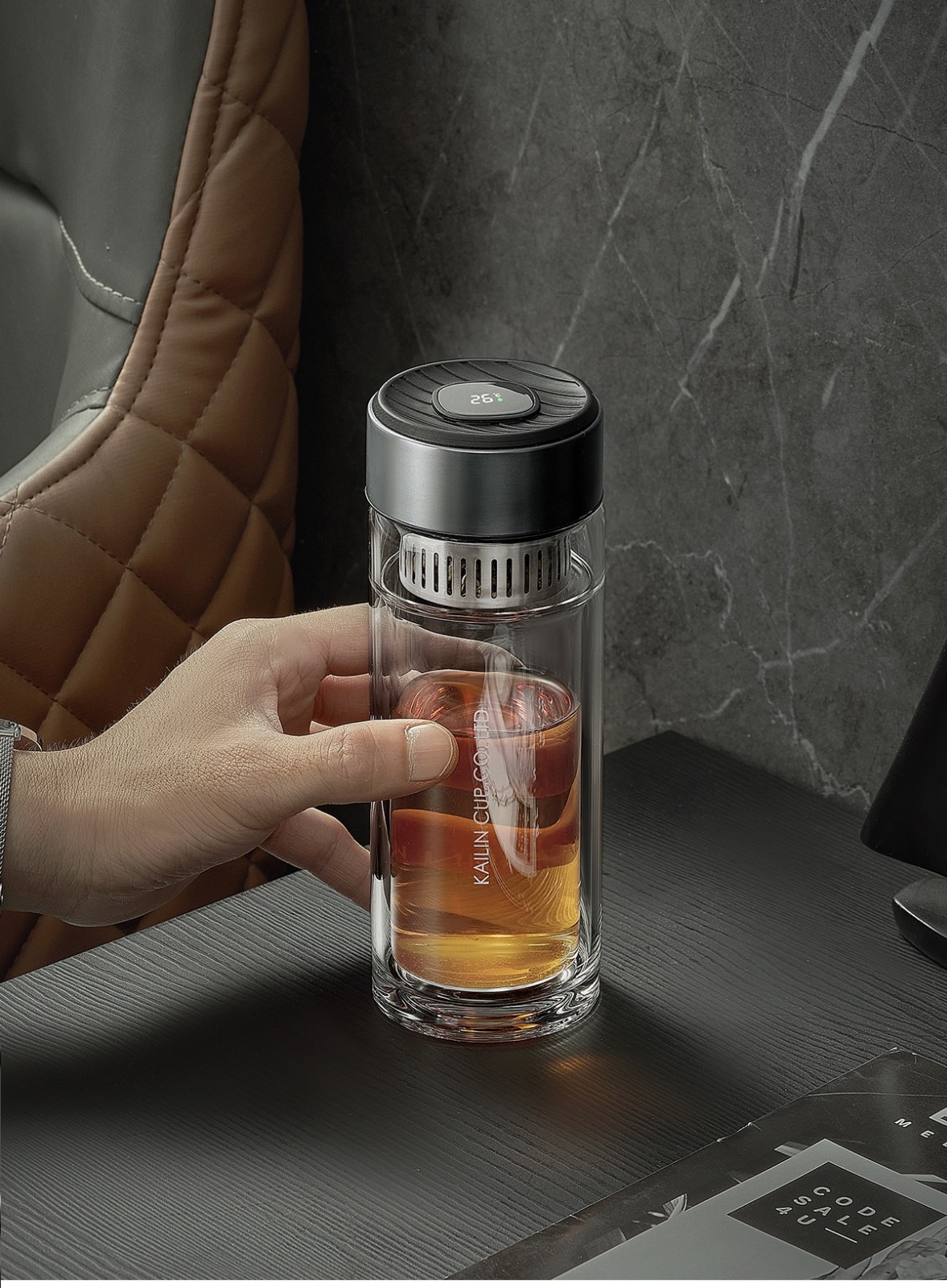 凯霖加厚双层玻璃杯男士商务水杯女大容量杯子高档智能温显泡茶杯耐热