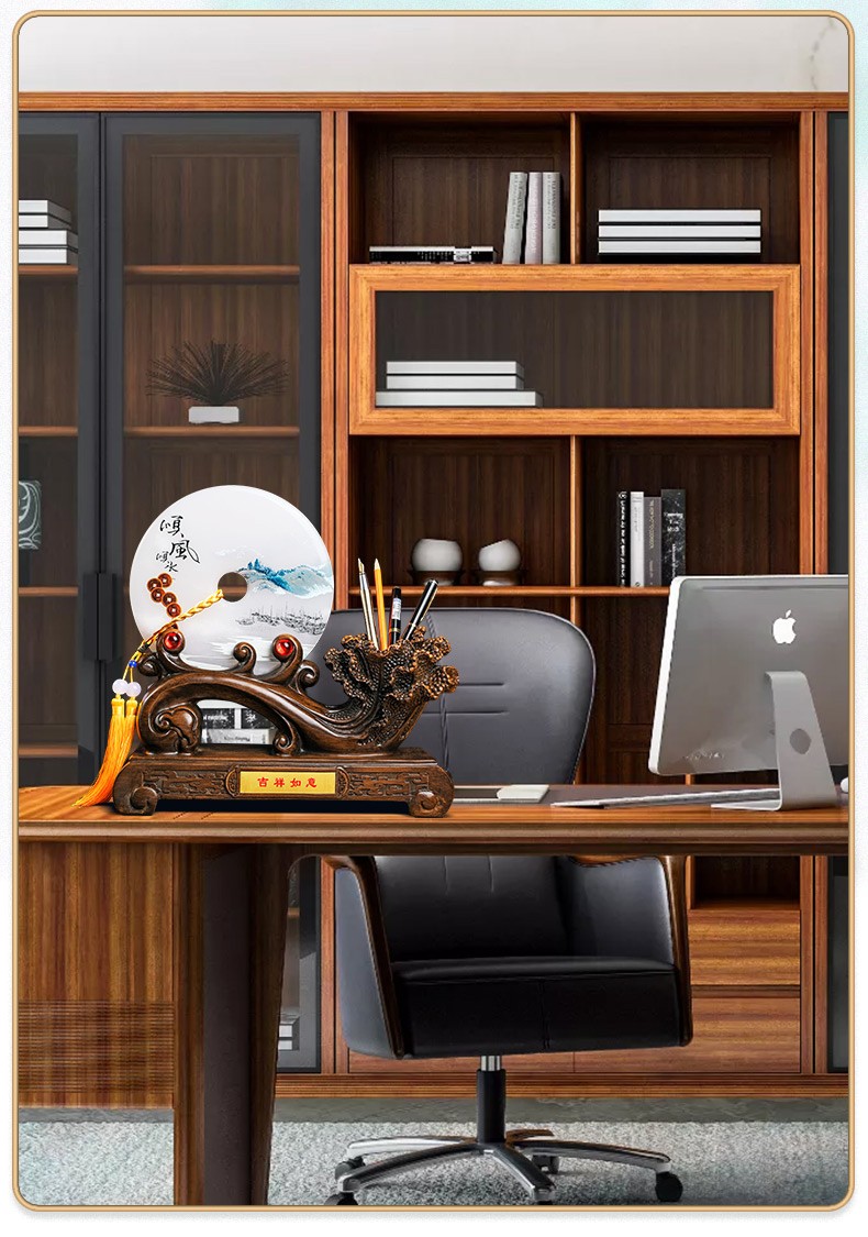 奎煌品牌玉石平安扣笔筒摆件老板办公室桌面装饰公司企业定制乔迁开业