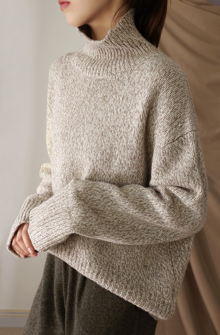 布吉苏山羊绒花纱高领落肩袖前短后长衣摆保暖宽松女款毛衣夹花驼均码