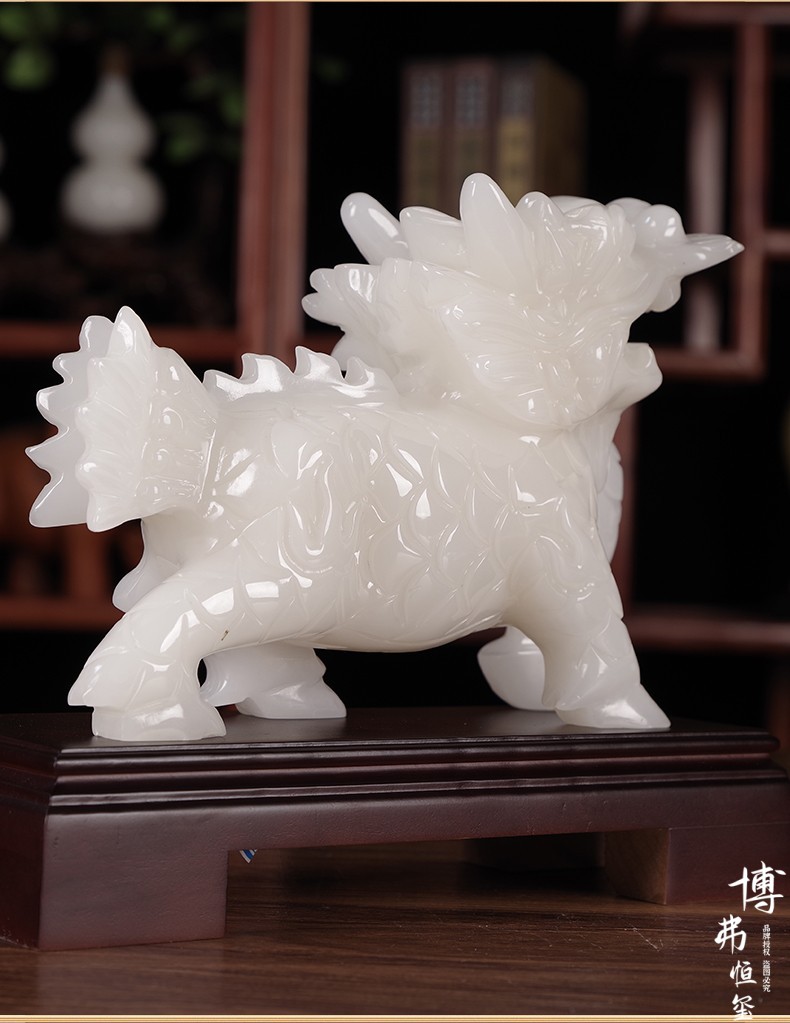 博弗恒玺玉石麒麟摆件一对天然白玉真玉手工玉雕工艺品酒柜办公室桌