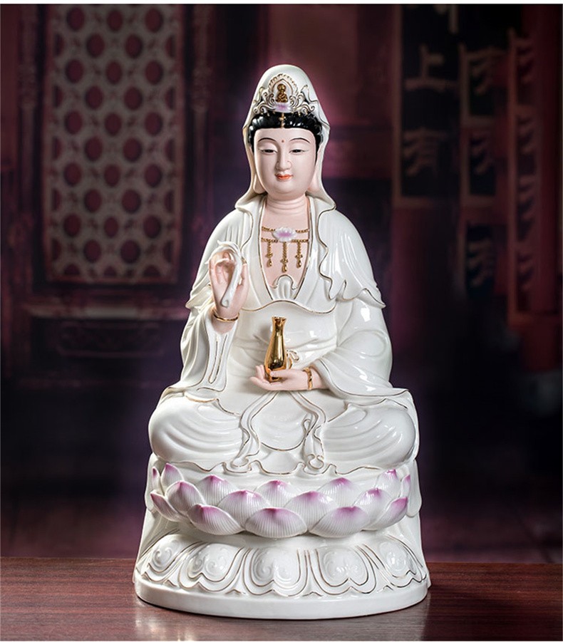 坐莲观世音菩萨佛像风水招财陶瓷金瓶工艺品电视柜摆设16寸金瓶观音
