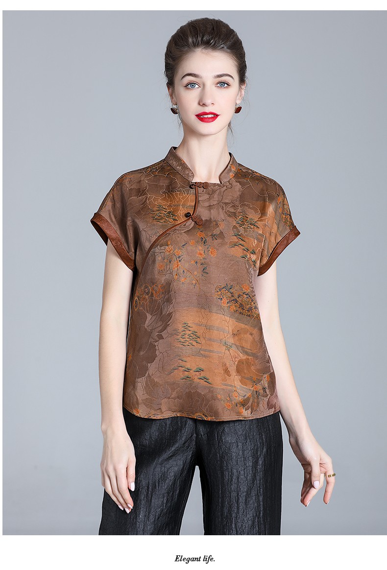 衣路香随杭州花罗真丝香云纱上衣女中老年妈妈宽松显瘦高端衬衫夏咖色