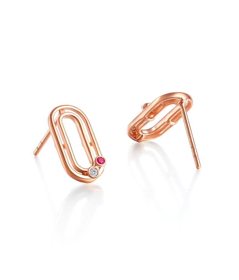 母亲节礼物tsl谢瑞麟18k金钻石耳钉女时尚几何环扣玫瑰金红宝石耳环