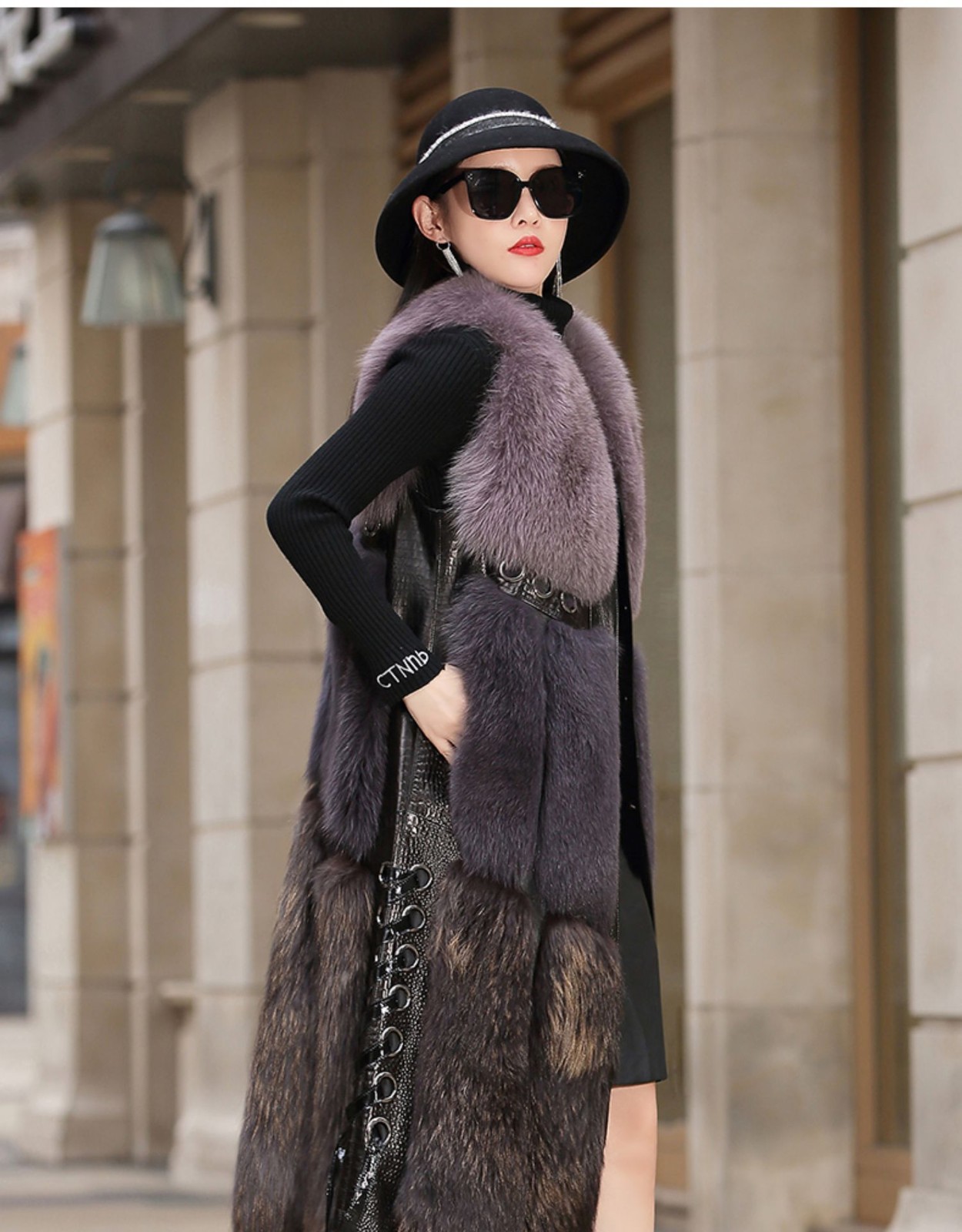 瑟俐品牌欧美大牌秋冬新款高端狐狸毛马甲背心女皮草外套中长款过膝