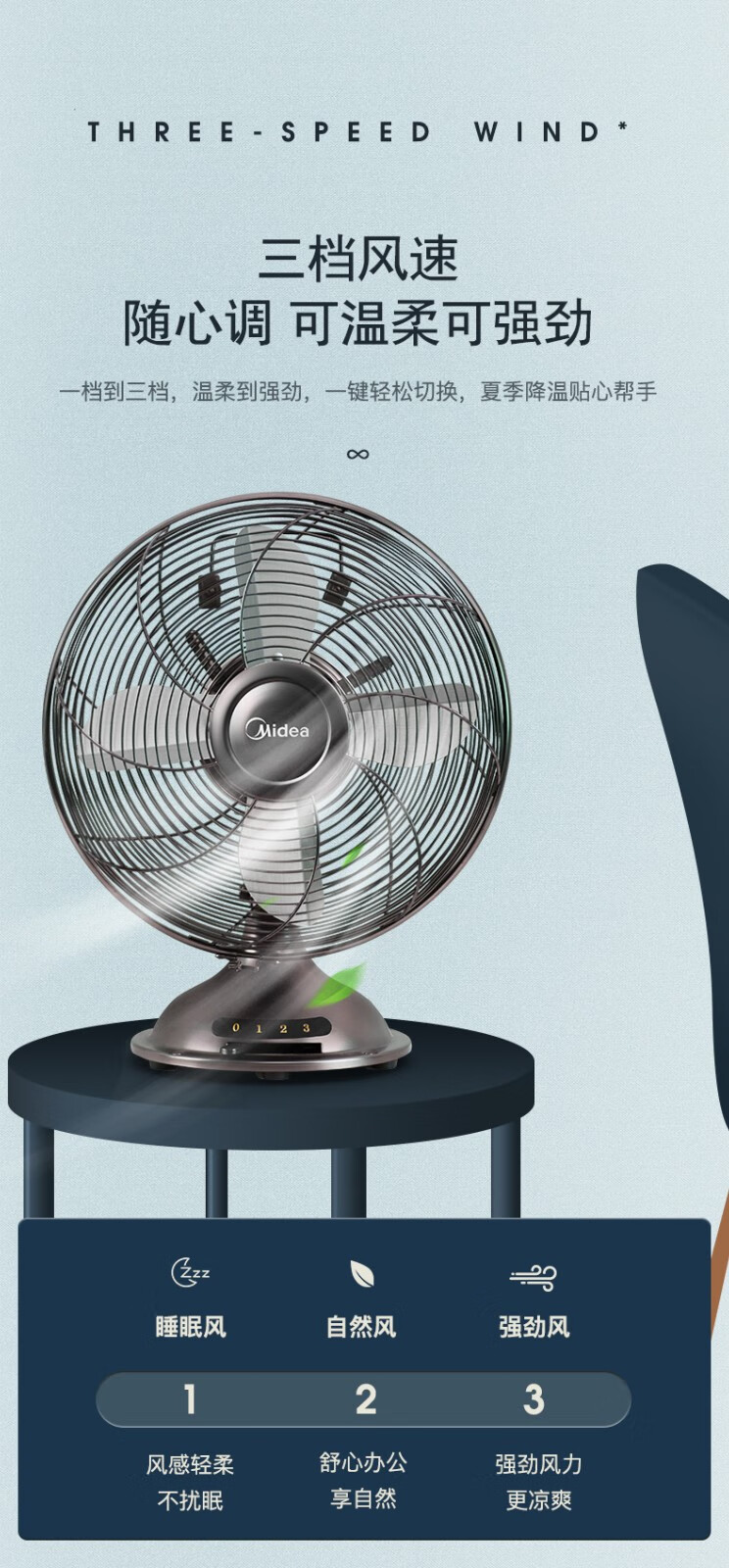 美的(midea) 电风扇台扇家用三档调节摇头大风力节能仿生扇金属复古