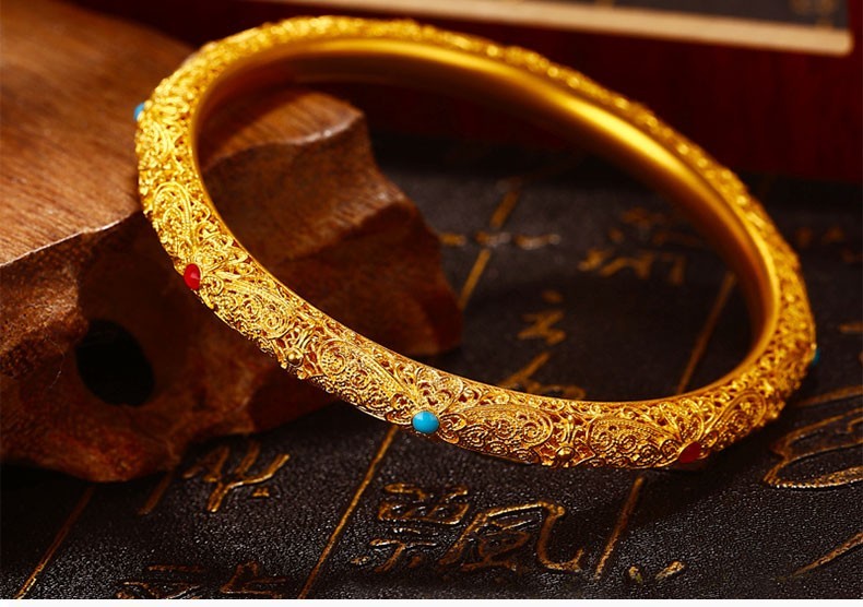 喜圣珠宝古法传承黄金手镯女款足金999古法花丝珐琅手镯宫廷镂空花丝