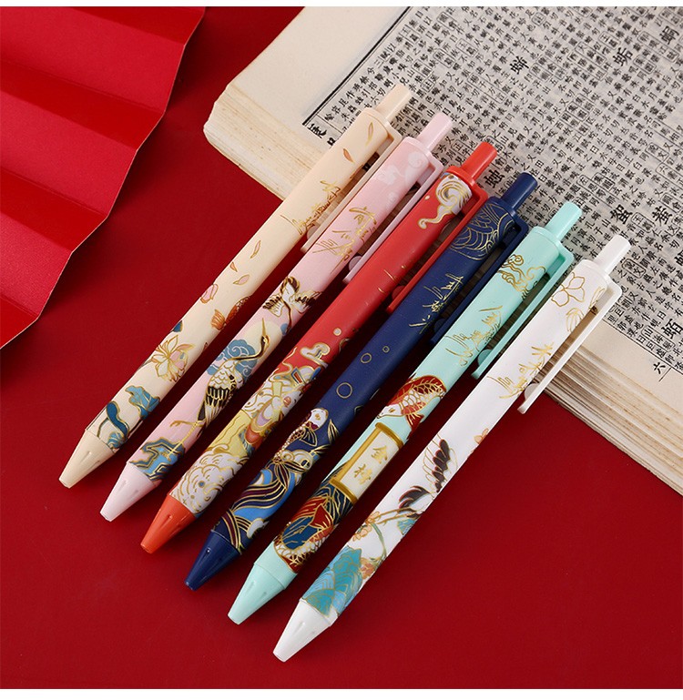 针管中性笔国风大赏05mm黑色办公签字笔学生拔帽水笔中国风仙鹤黑笔