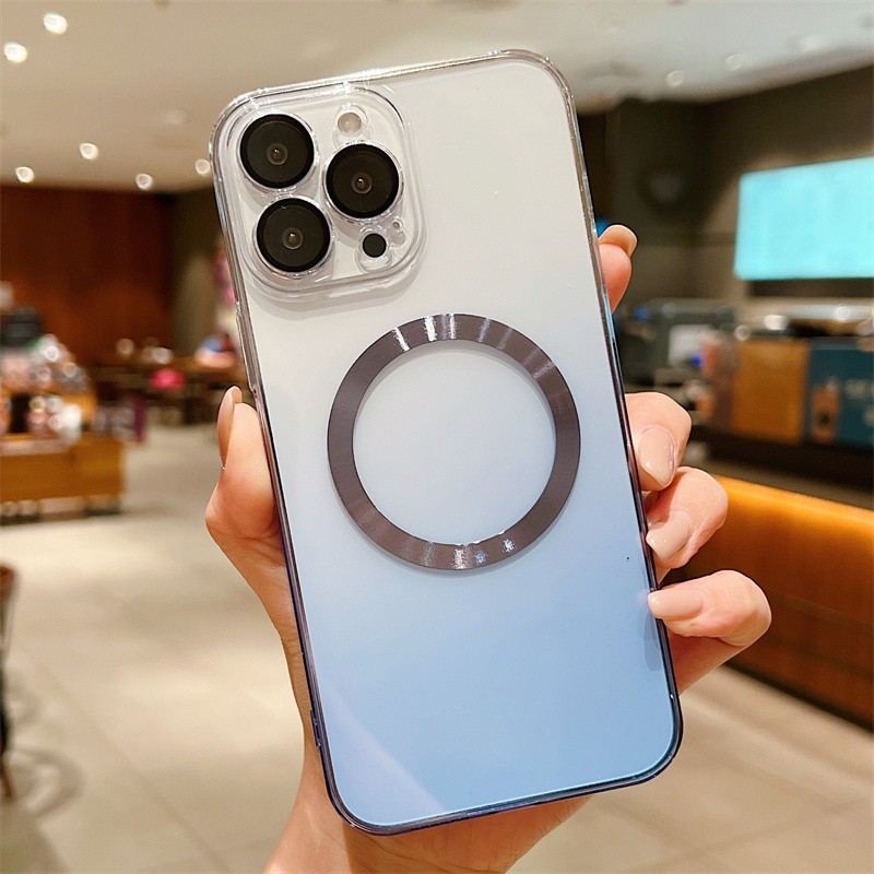 昊穆 适用于苹果iphone磁吸圈自带镜头膜全包手机壳防尘罩渐变色透明