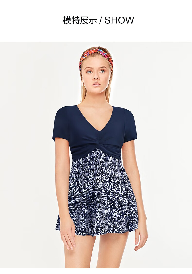 be范德安女士连体大码泳衣v领时尚性感遮臀显瘦泳衣女藏蓝l